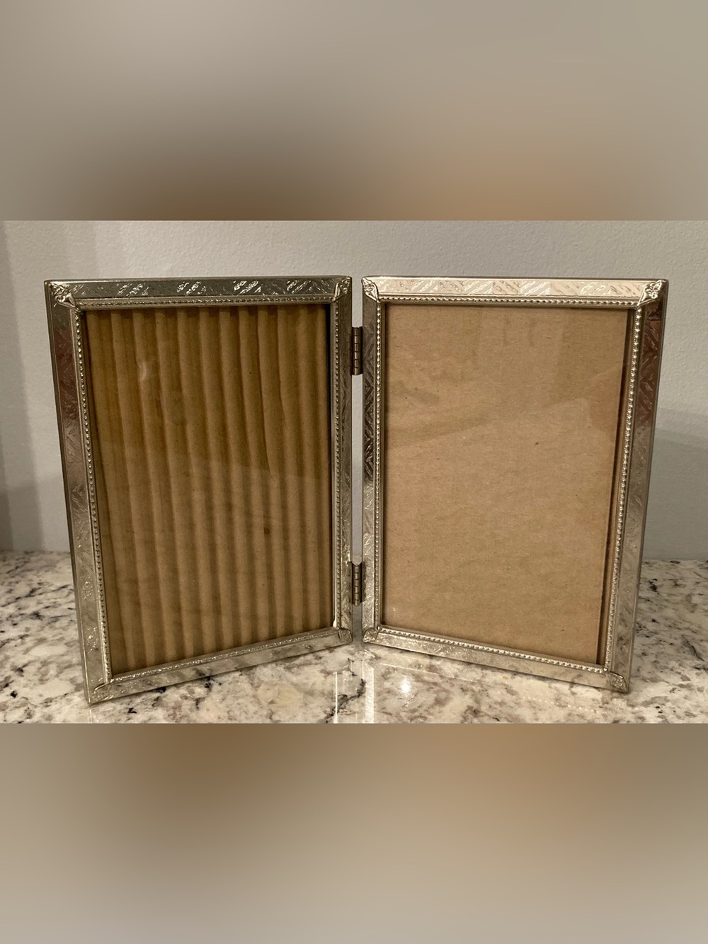 Vintage MCM Ornate Bi-fold Silver Tone Picture Frame